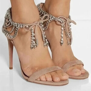 Olivia Palermo x Aquazzura Embellished Suede Sandals Beige Size 7.5